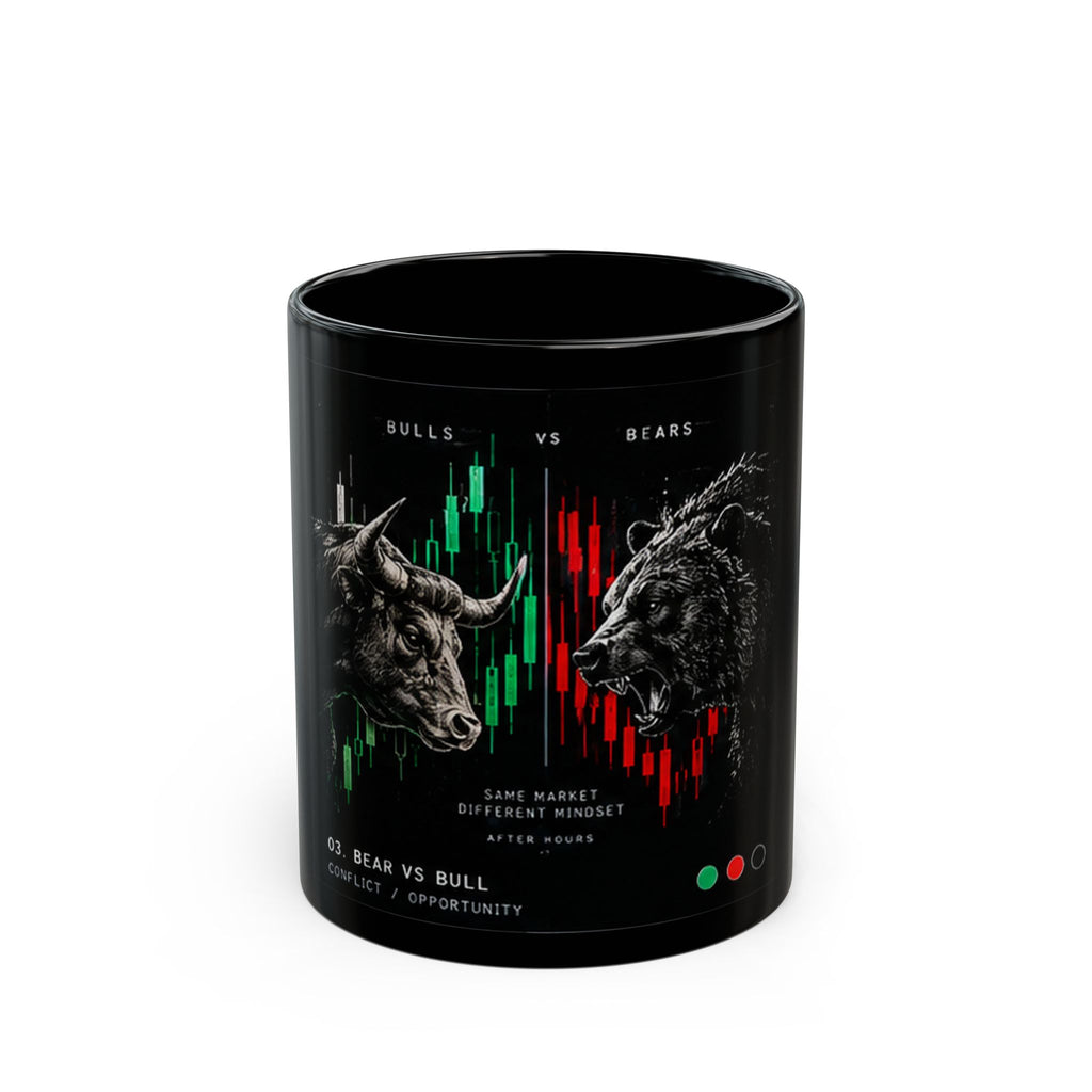 Bull vs Bear Stock Market Mug, Trading Chart Black Mug